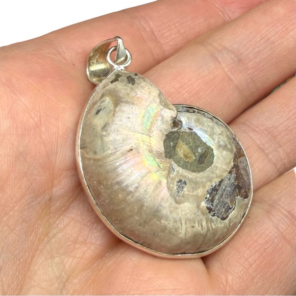 Ammonite Fossil Necklace Pendant 925 Sterling Silver Overlay - Picture 5 of 5
